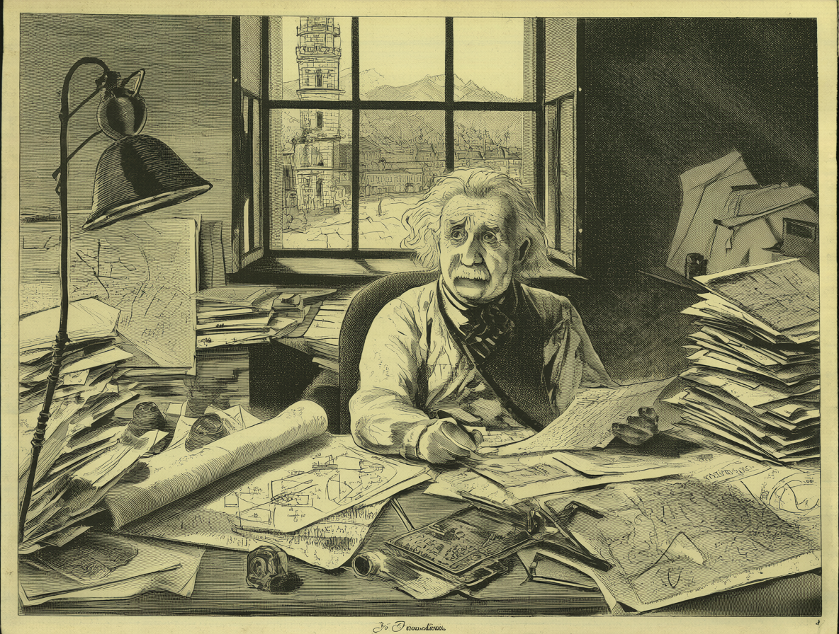 Albert Einstein sentado en su escritorio en la Oficina de Patentes Suiza, rodeado de documentos y pensando en teorías físicas.