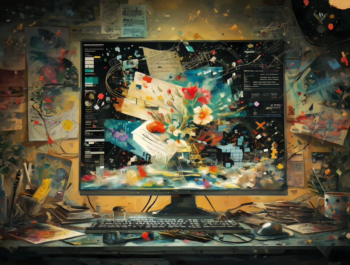 Escritorio futurista mostrando interfaces de IA, arte clásico y análisis de datos en una atmósfera tecnológica.