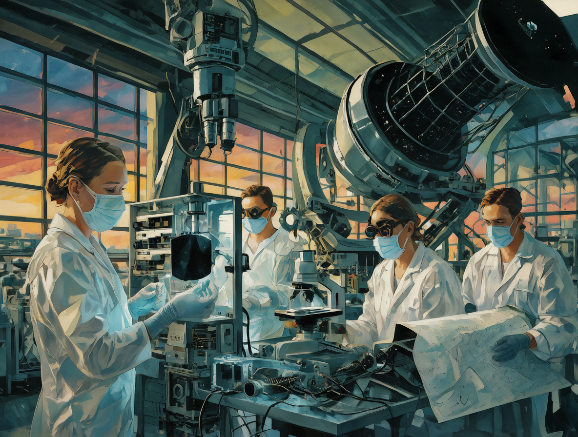 Illustration of an observatory with scientific equipment for indirect detection