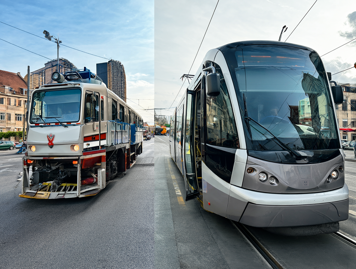 Split composition with a bus and a tram in a city setting.