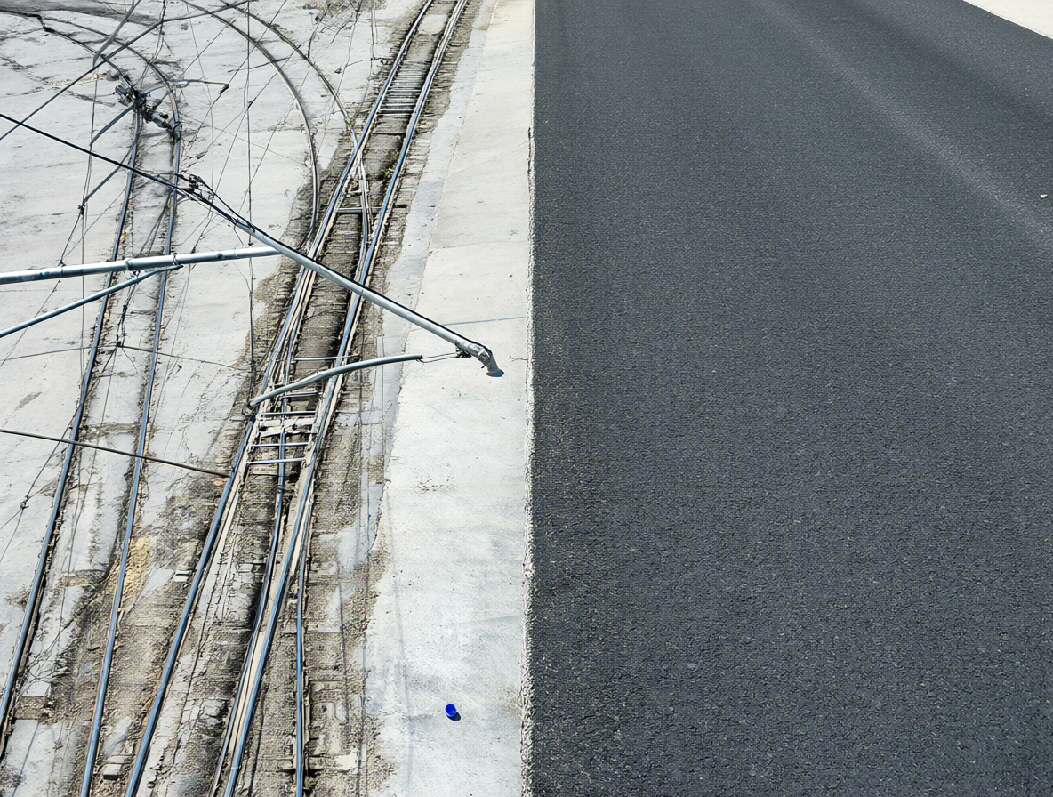 Detailed view of tram tracks versus asphalt roads.