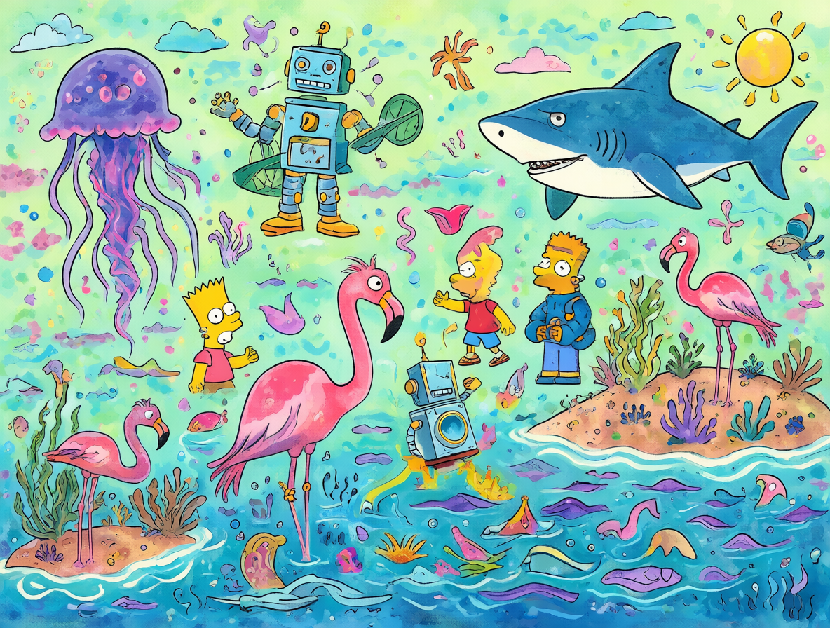 Ilustración colorida con animales como flamencos y medusas mezclados con elementos de cultura pop como un robot y una isla remota, sobre un fondo vibrante.