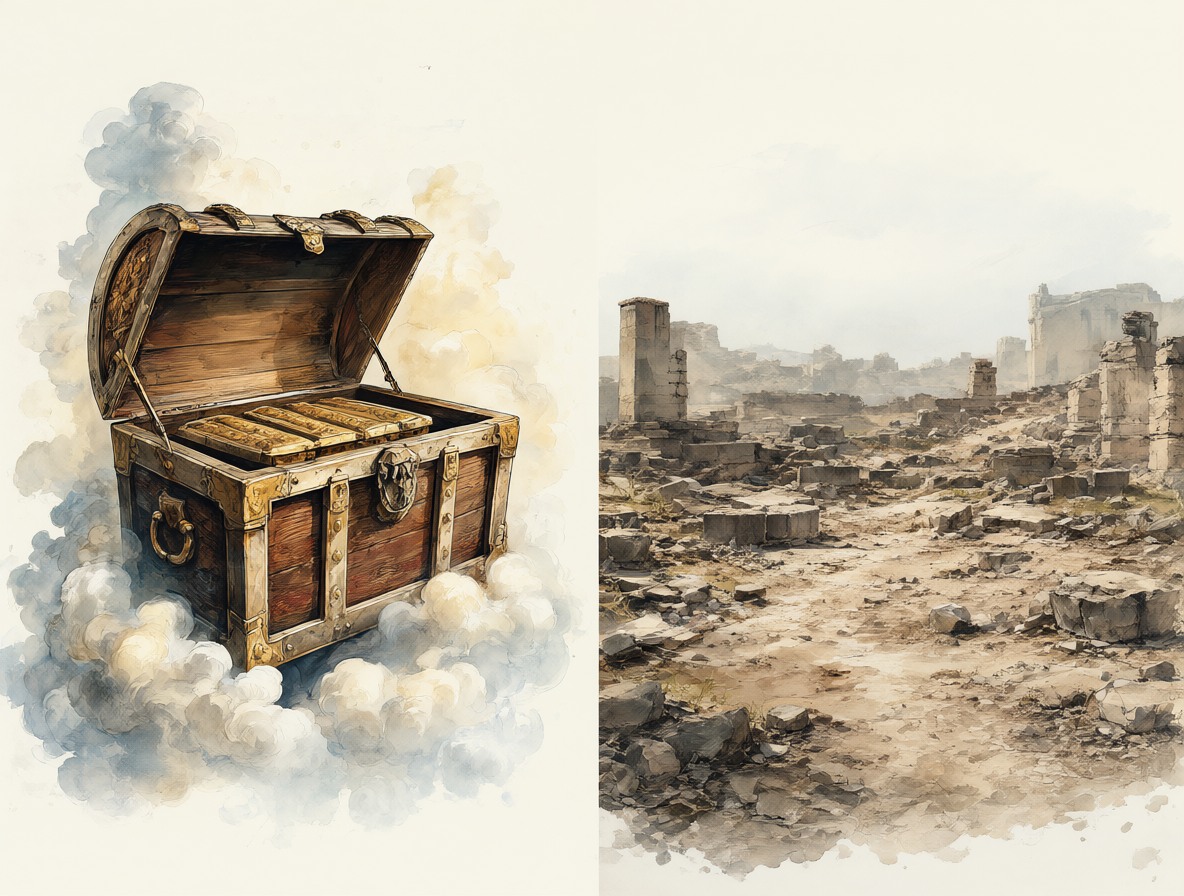 Ilustración mostrando el contraste entre el cofre legendario y un sitio arqueológico vacío