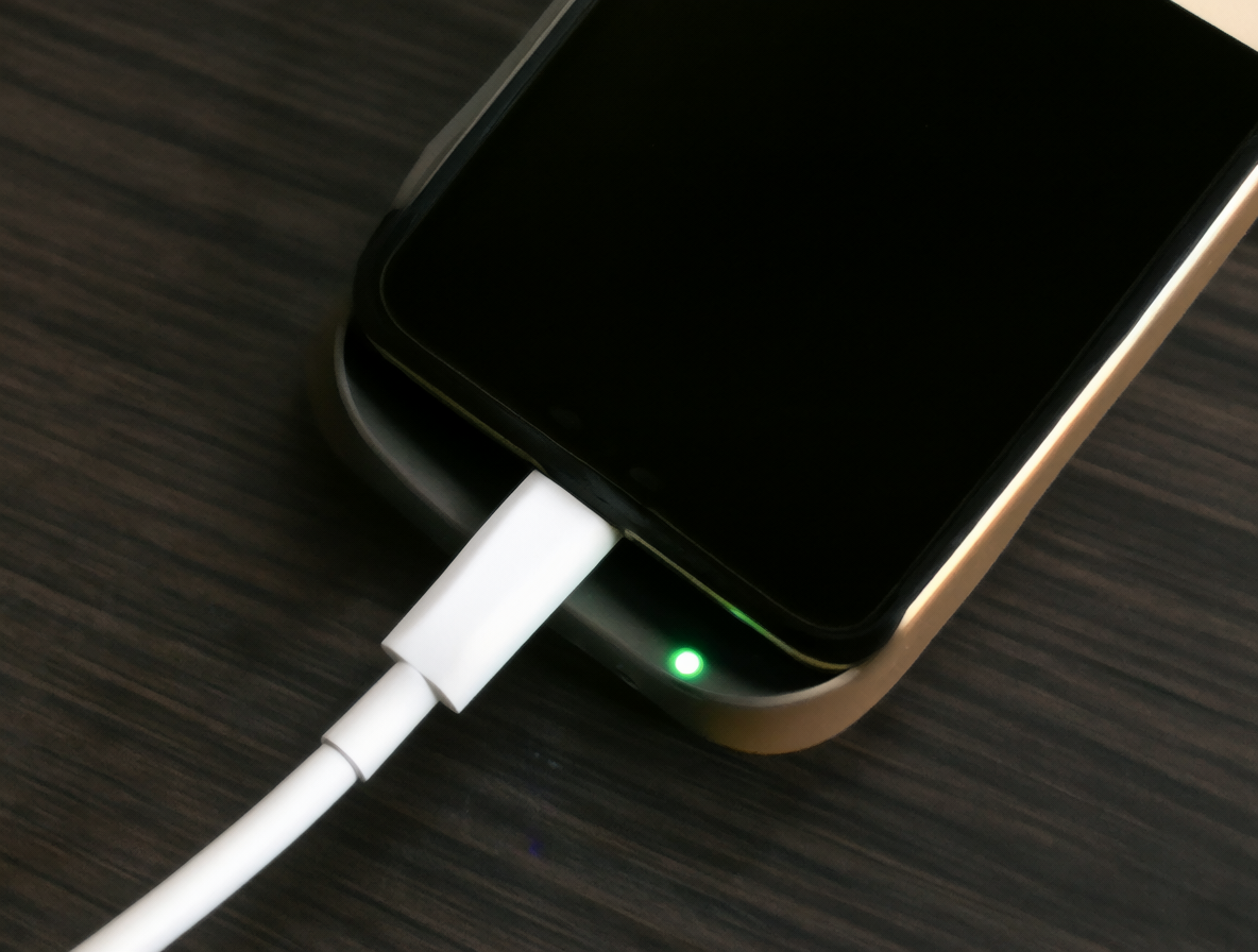 Smartphone enchufado en una mesa oscura, pantalla negra mientras se carga la batería para luego encenderse.