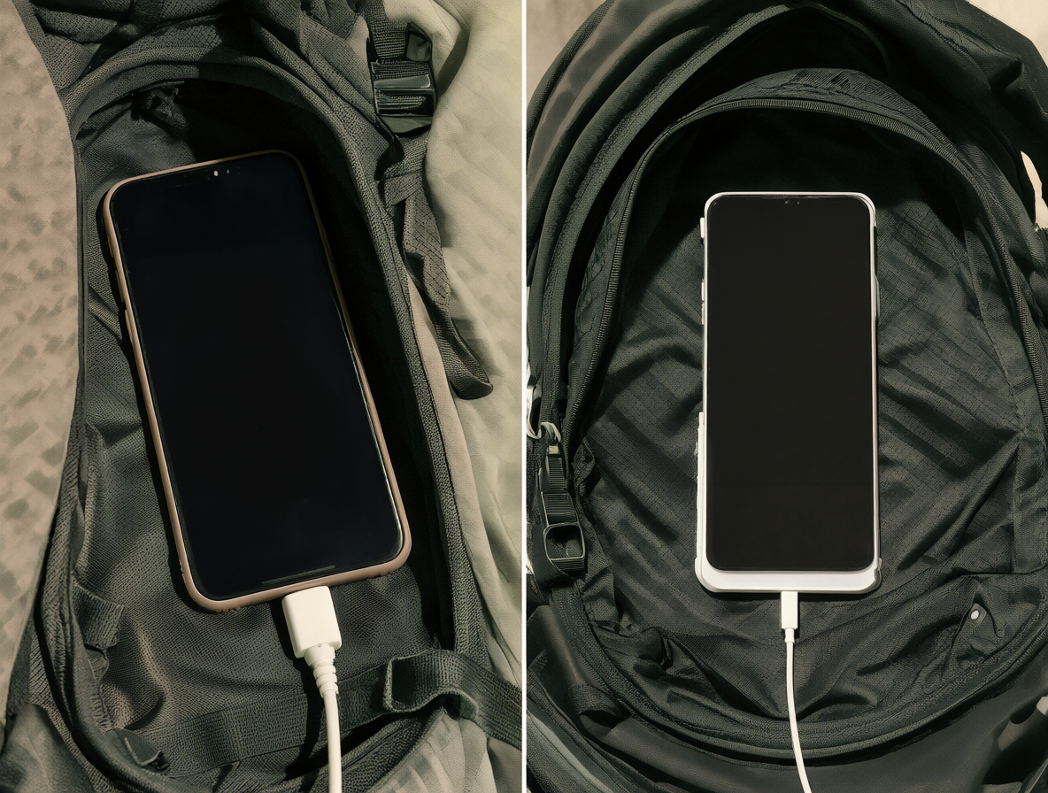 Smartphone dentro de una mochila abierta y luego enchufado a la corriente sin encenderse solo.