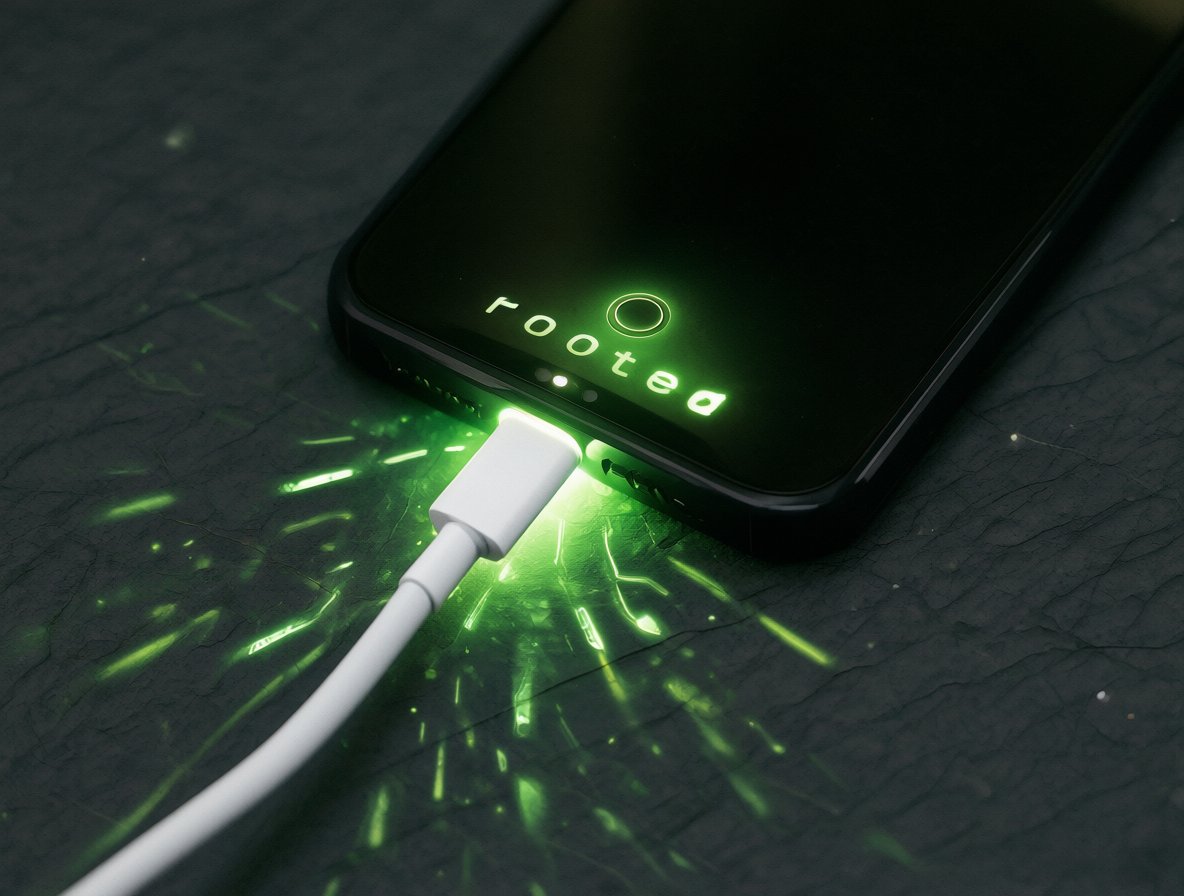 Teléfono futurista mostrando un icono de firmware modificado que se enciende solo al conectarse a la corriente.