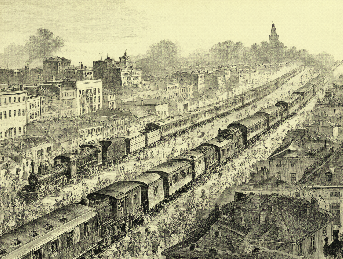 Vintage illustration showing a long historical circus train moving through a crowded city street, featuring multiple cargo wagons stretching over 1.5 kilometers