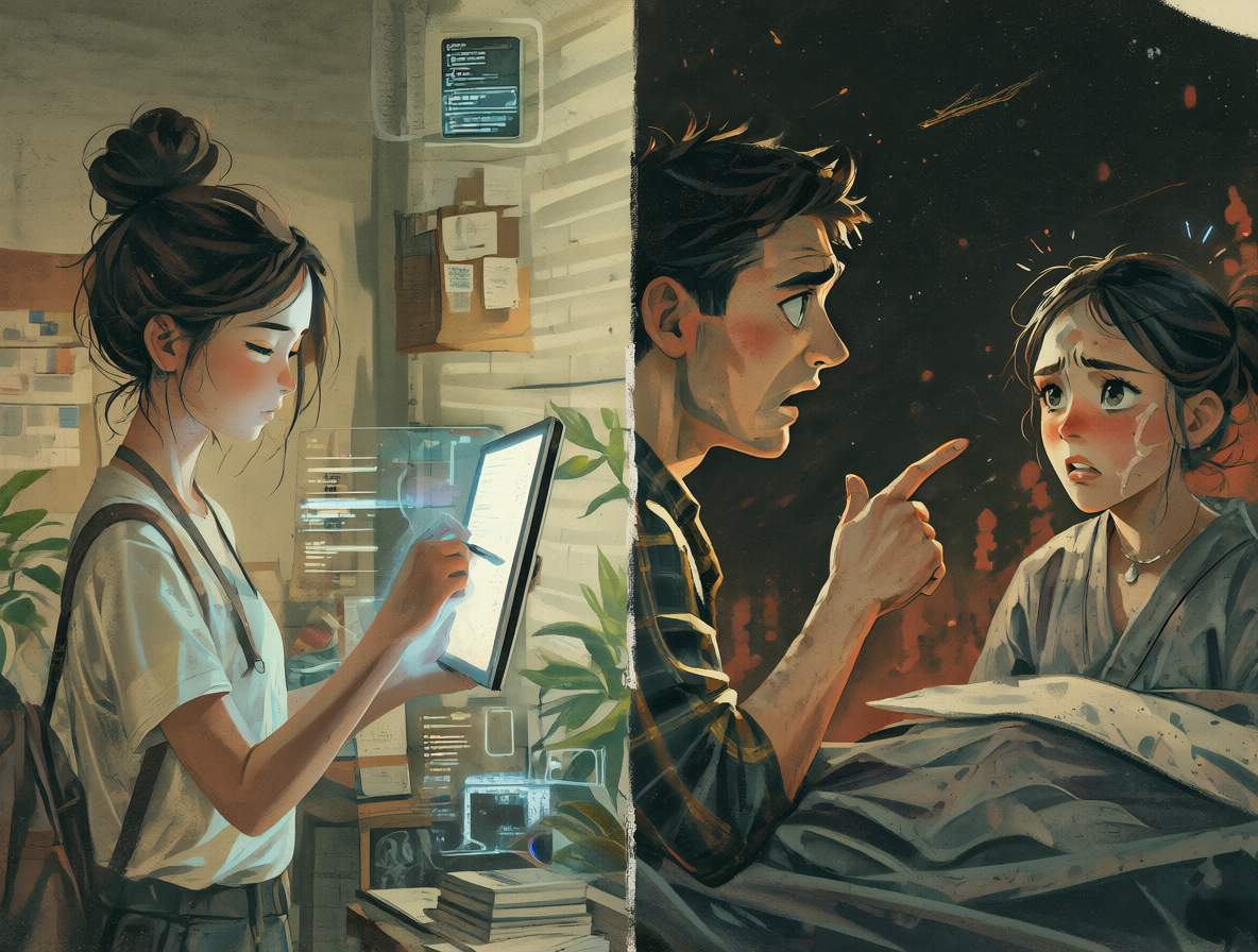 Composición dividida mostrando dos escenas opuestas de interacción humana: una colaborativa y otra confrontacional, ilustrando el tema del mansplaining en entornos digitales.