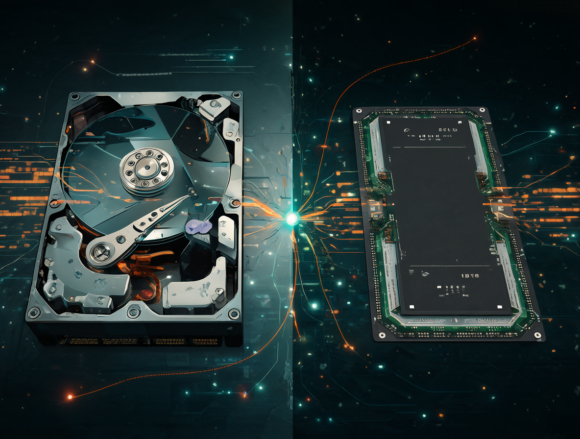 Ilustración futurista mostrando un HDD de 60 TB y un SSD de 100 TB conectados a flujos de datos.
