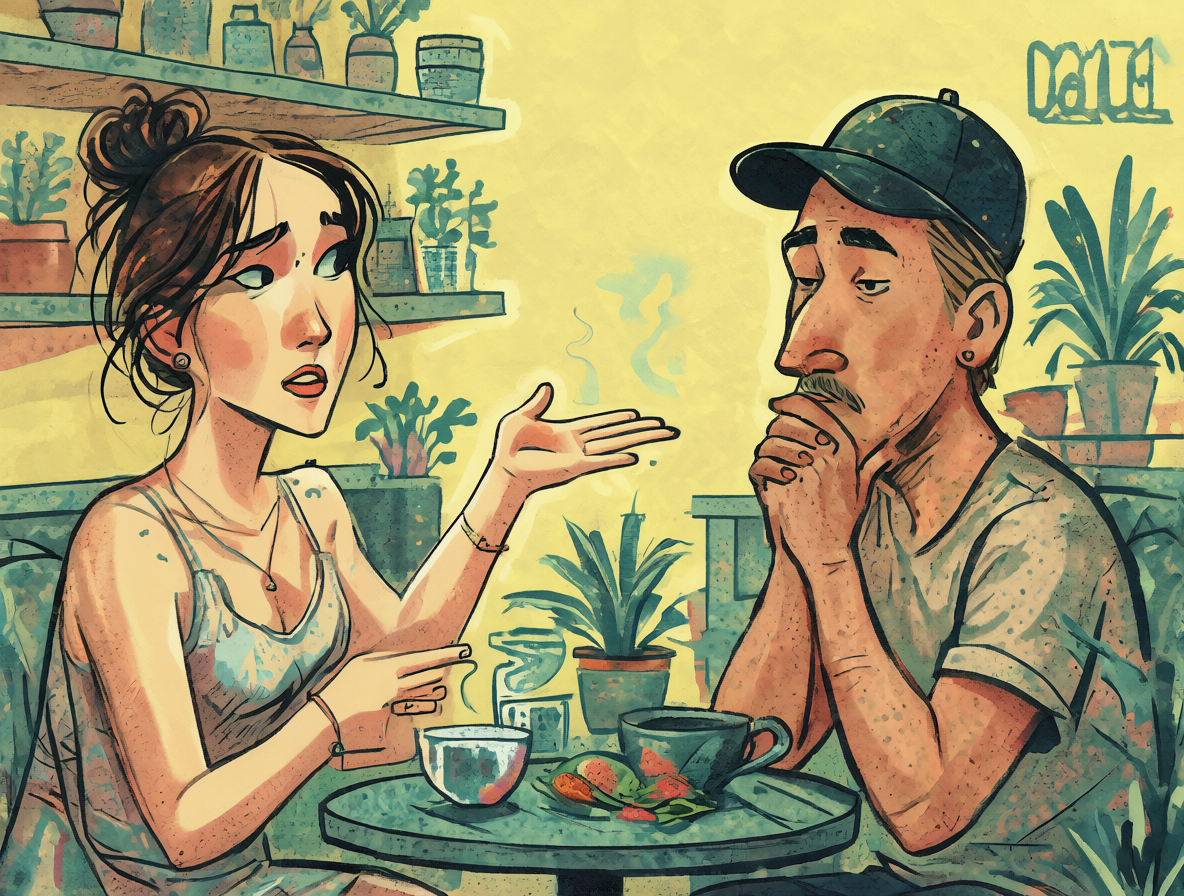 Ilustración de dos personas conversando en un entorno informal, representando el concepto de mansplaining.