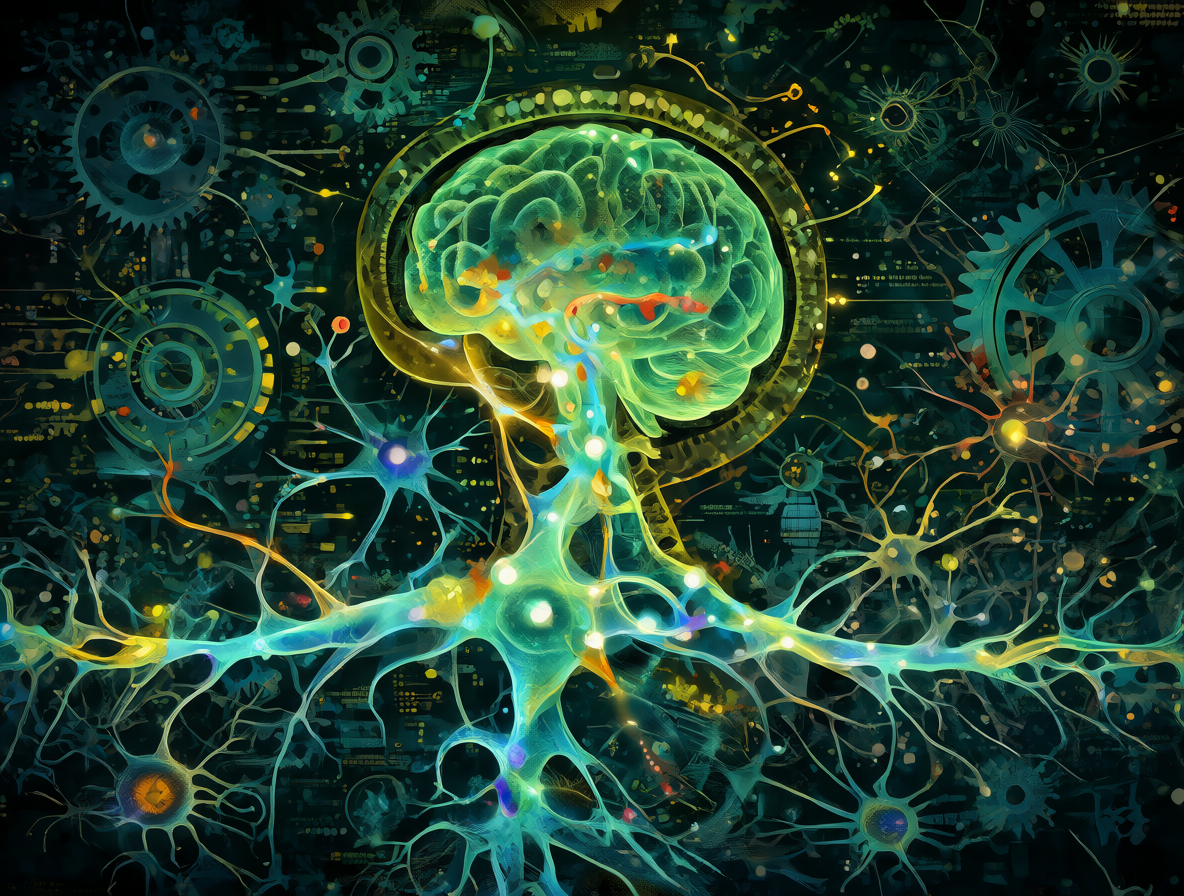 Cerebro humano integrado con elementos de procesamiento de datos.