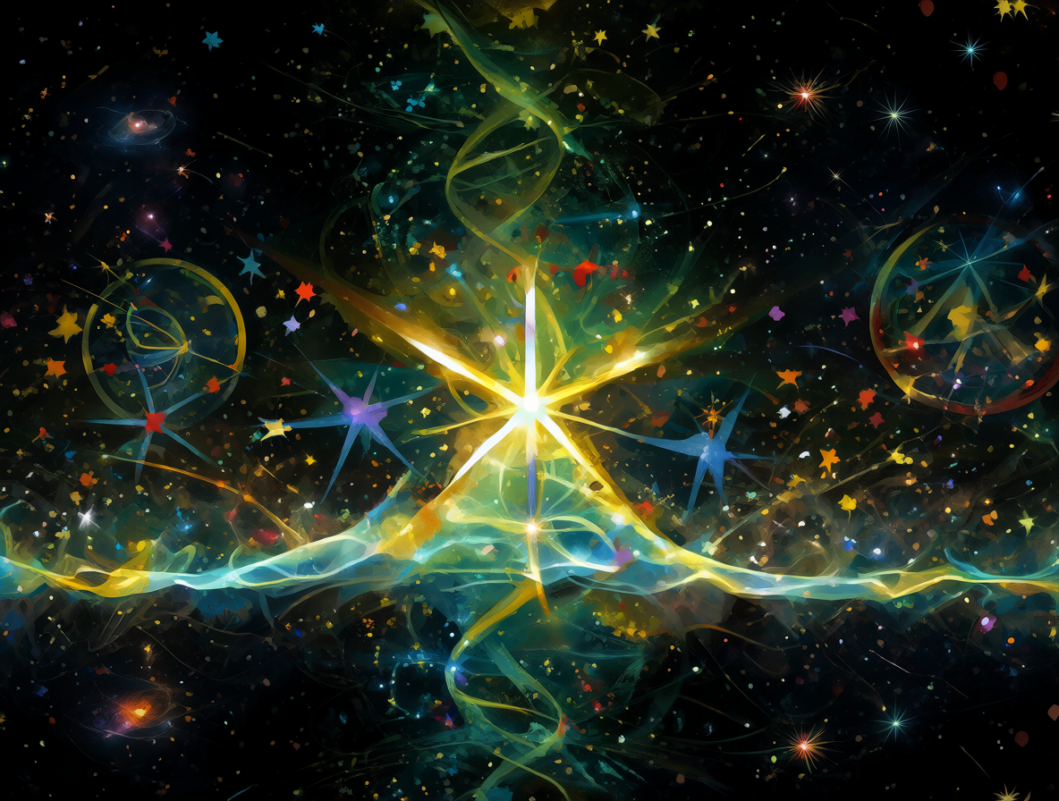 Ilustración moderna de paisaje digital con símbolos espirituales abstractos y nebulosas brillantes sobre fondo oscuro.