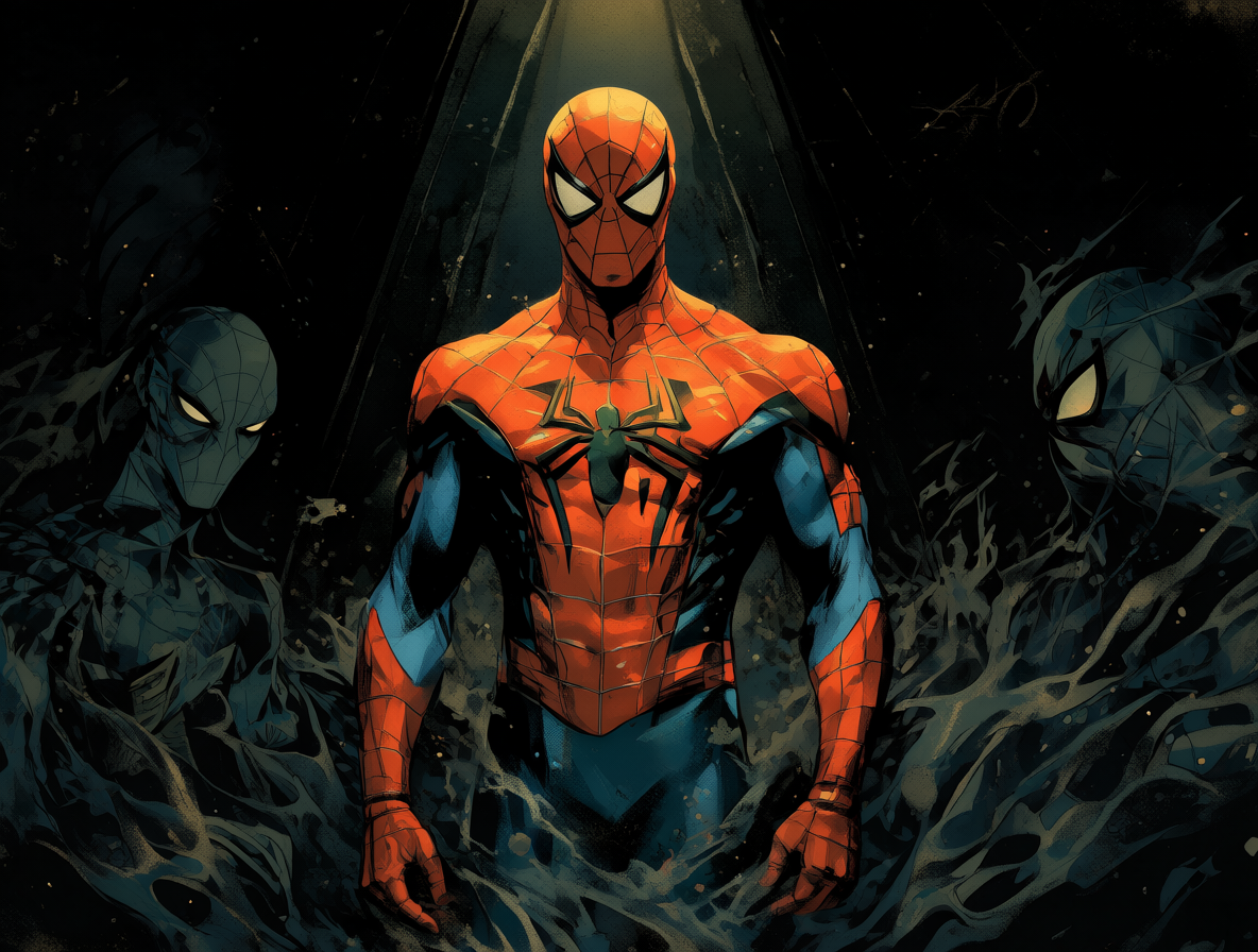 Ilustración cinematográfica de Spider-Man rodeado por las siluetas oscuras de personajes fallidos como Morbius.