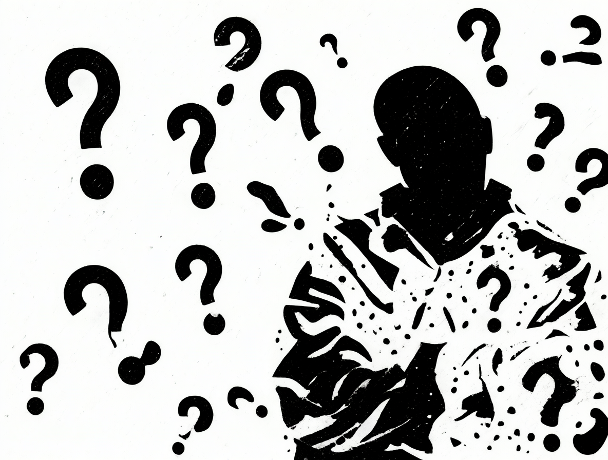 Ilustración abstracta de una figura con signos de interrogación representando la extrañeza social.