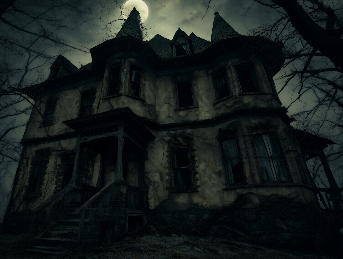 Fachada oscura de una casa embrujada bajo la luz nocturna