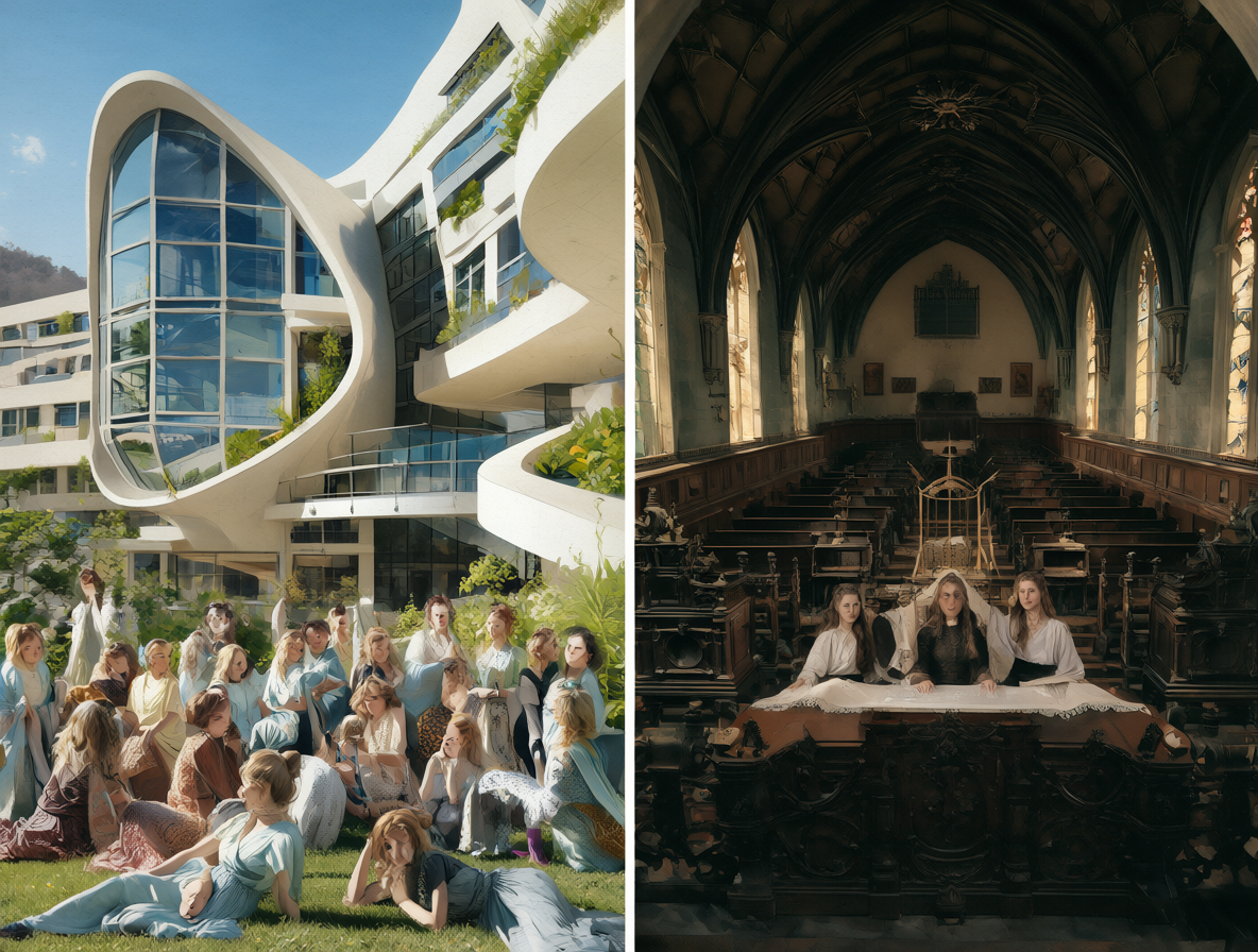 Imagen dividida mostrando dos estilos de campus universitarios para mujeres, uno moderno y otro tradicional.