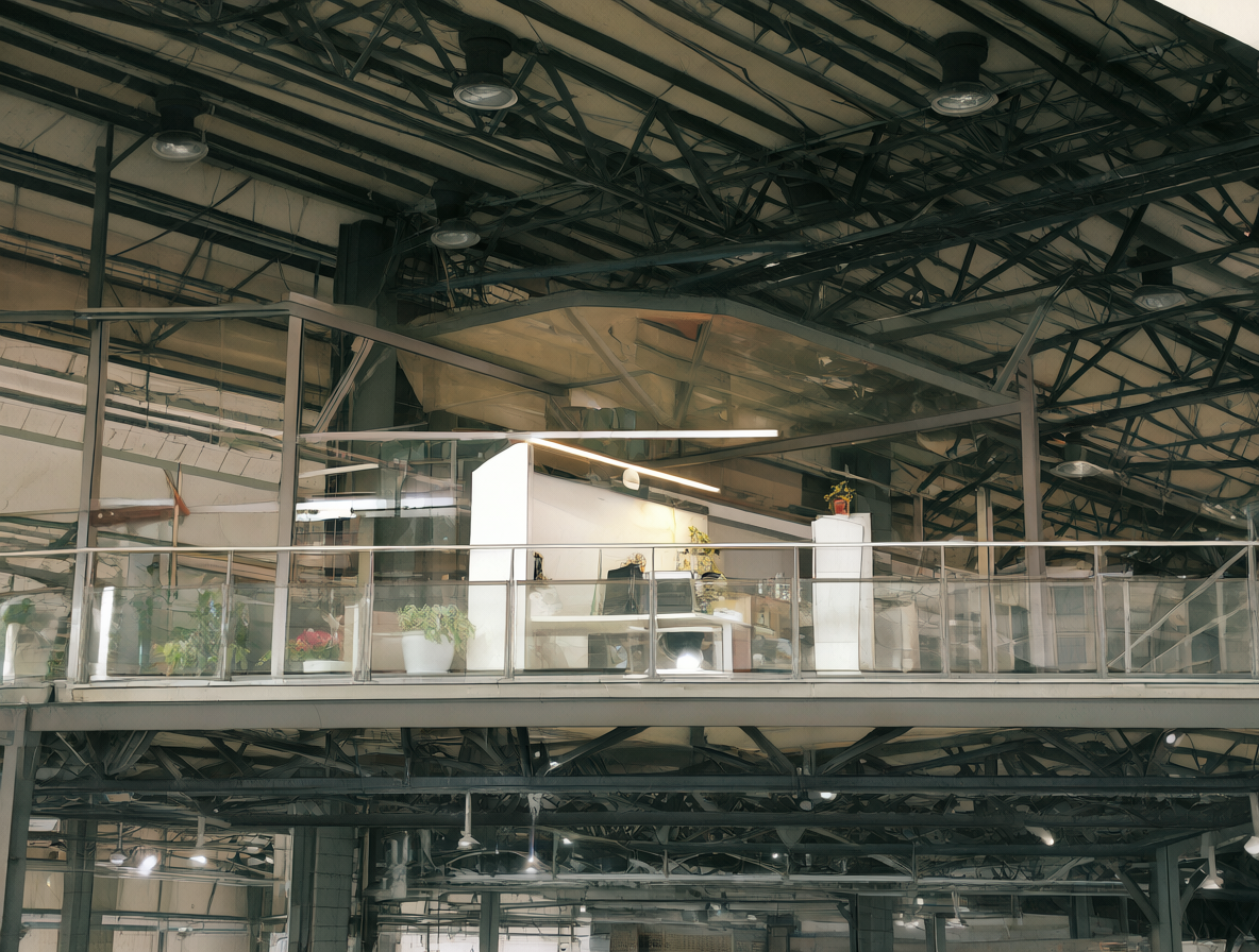 View from inside a warehouse looking up at the office area