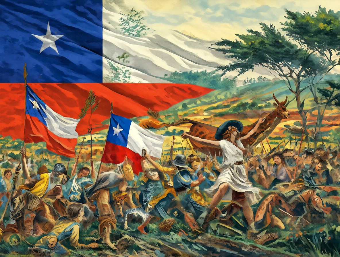 Ilustración artística con la bandera de Chile y paisajes históricos y modernos