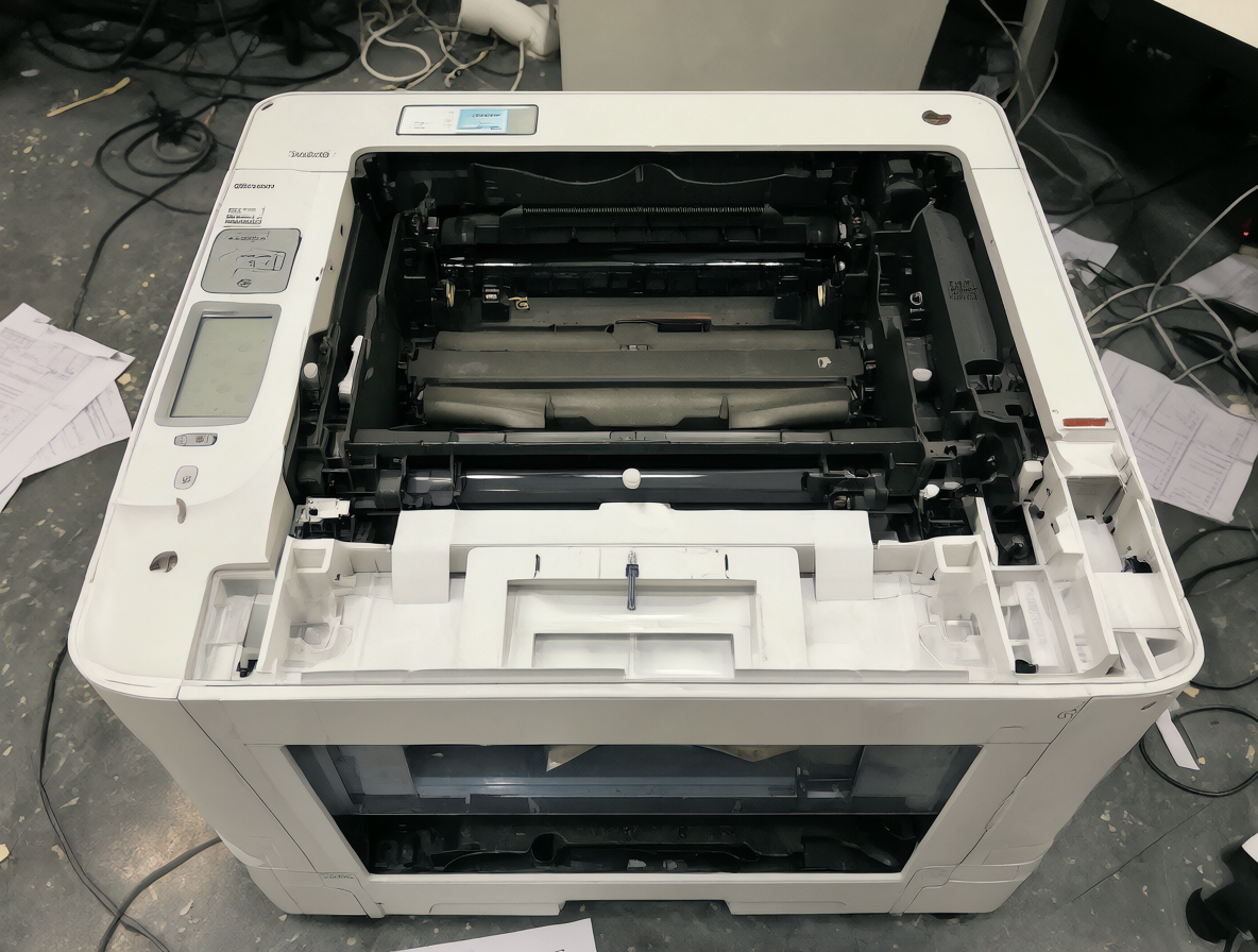 Impresora láser blanca Canon LBP6030W en un entorno de oficina, con el panel abierto revelando su interior.