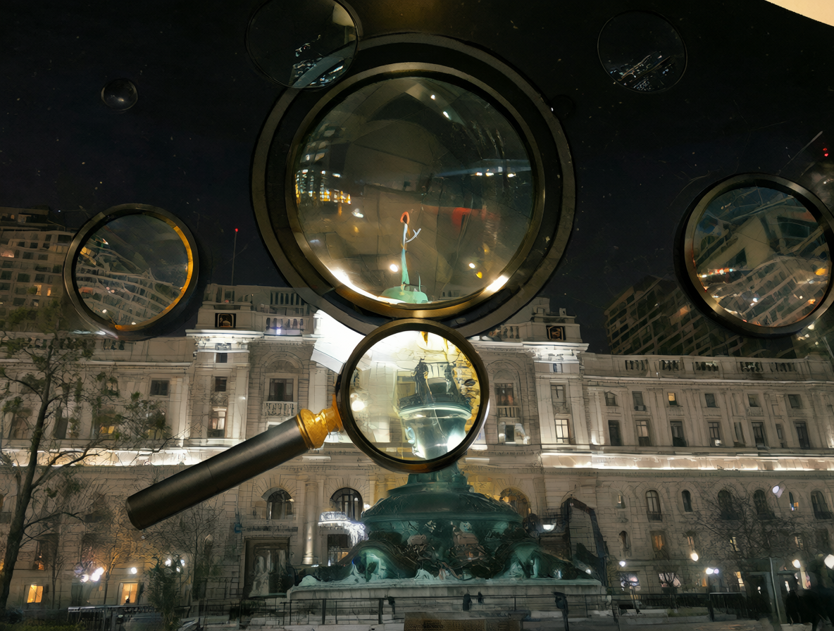 Edificio gubernamental bajo luz de búsqueda representando la investigación política