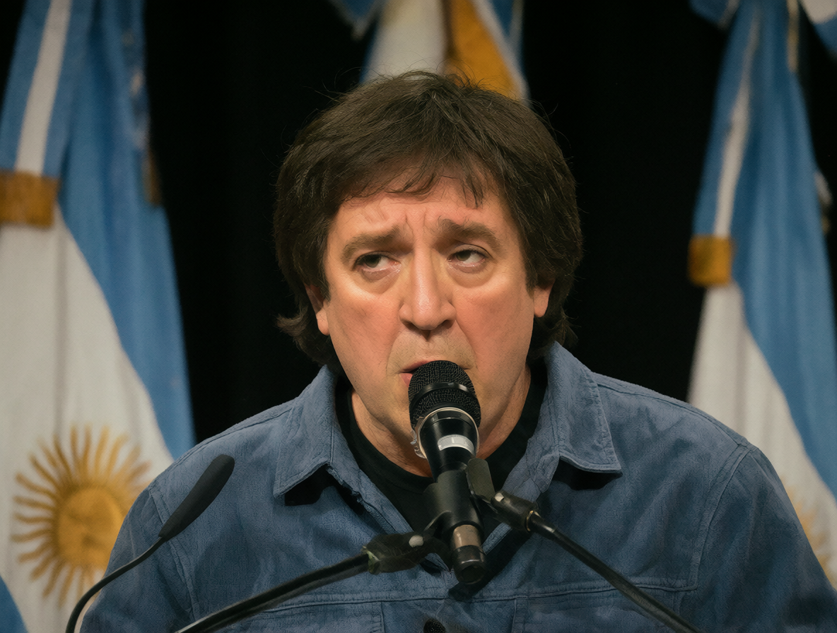 Retrato de Javier Milei hablando en un podio con banderas argentinas