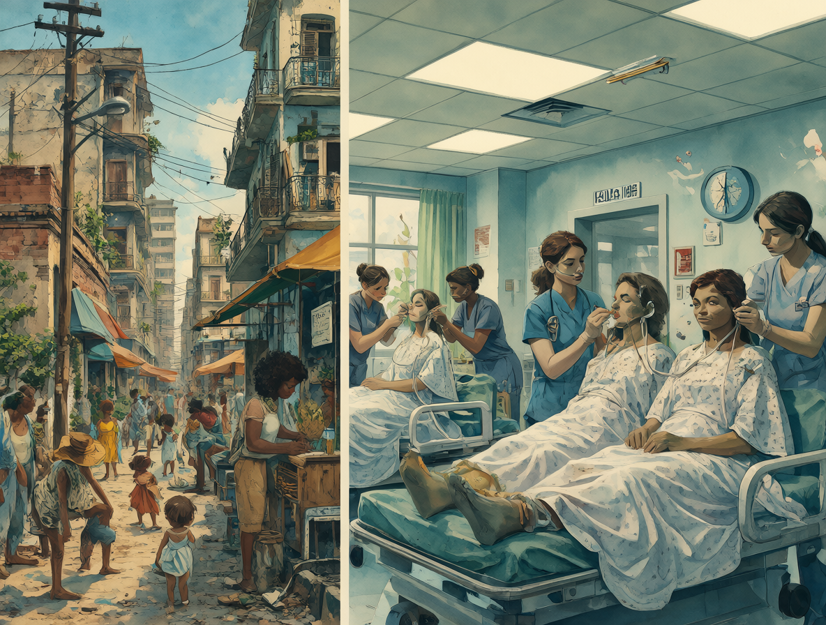 Split illustration showing historical Cuban urban life versus modern struggles, alongside clinical settings for eating disorders and health system limitations.