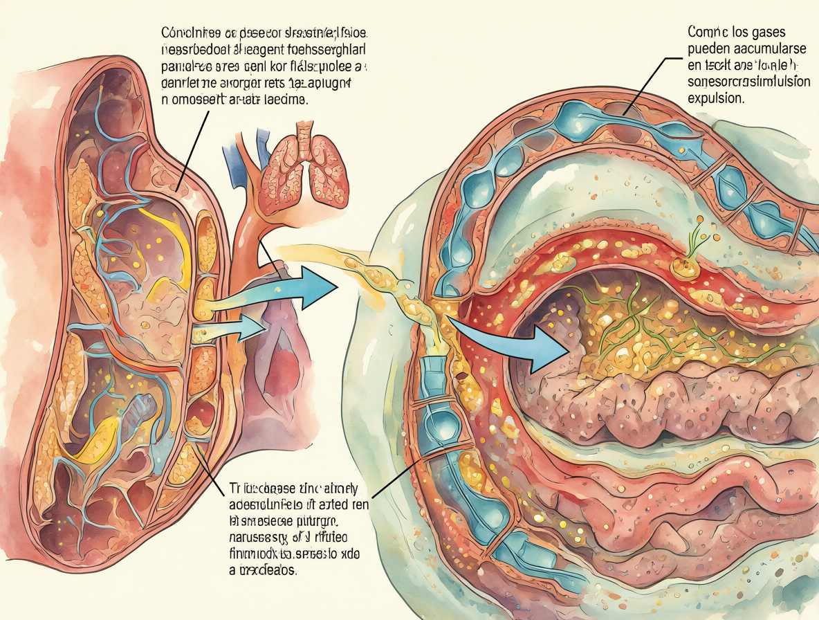 Diagrama del sistema digestivo humano mostrando cómo los gases son procesados por el cuerpo y eliminados a través de la sangre y los pulmones.