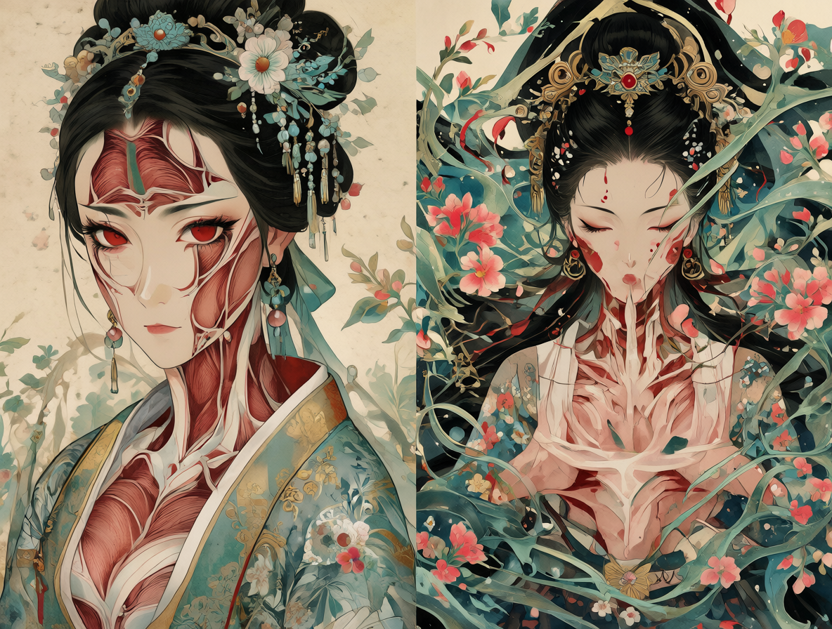 Imagen dividida mostrando anatomía humana realista a un lado y personajes de anime exagerados al otro.