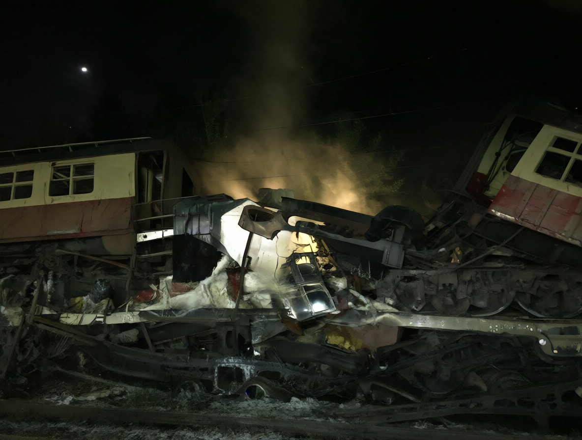 Vagones de carga y pasajeros destrozados sobre las vías principales, humo subiendo al cielo oscuro tras un accidente grave.