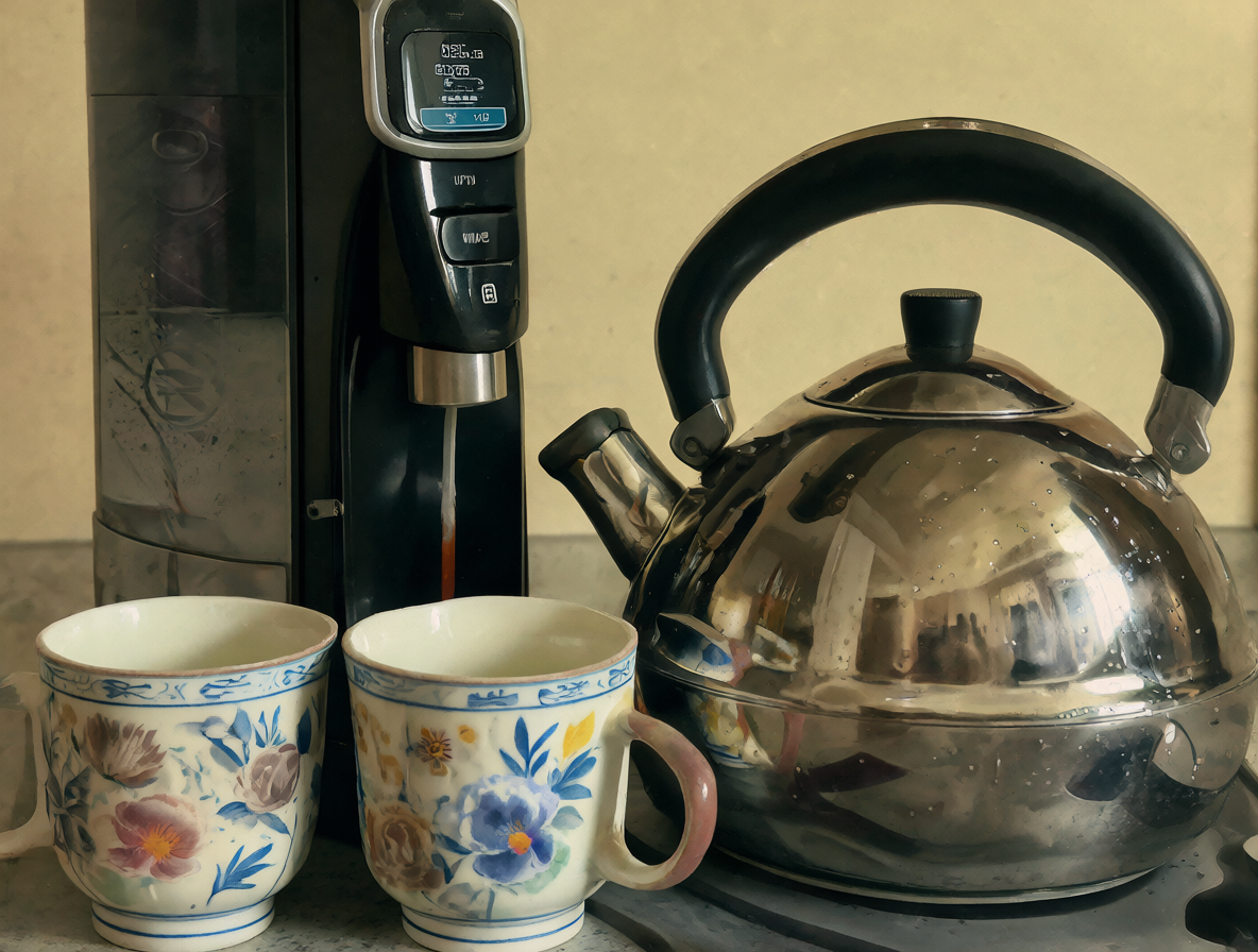 Imagen de un dispensador de agua y una tetera junto a tazas para comparar su uso
