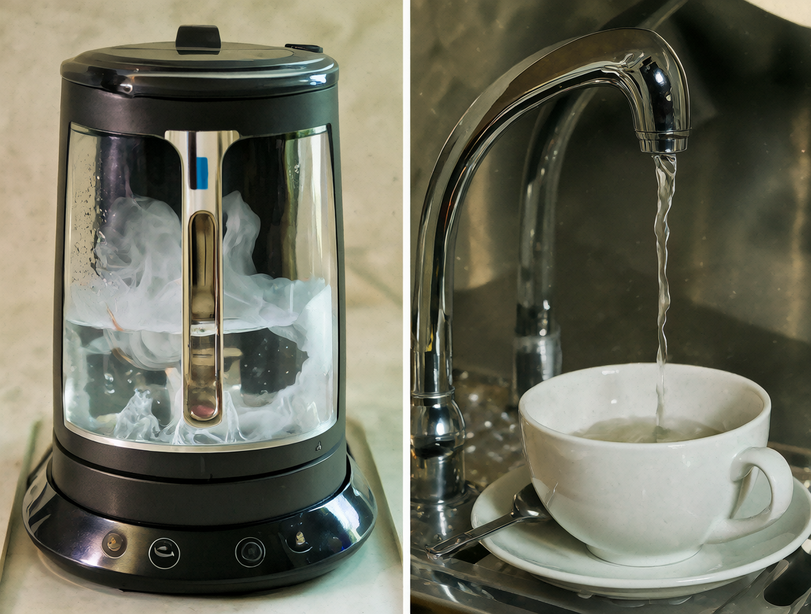 Fotografía dividida mostrando un hervidor eléctrico con agua hirviendo a la izquierda, y un dispensador de agua de oficina vertiendo un chorro fino hacia una taza a la derecha.