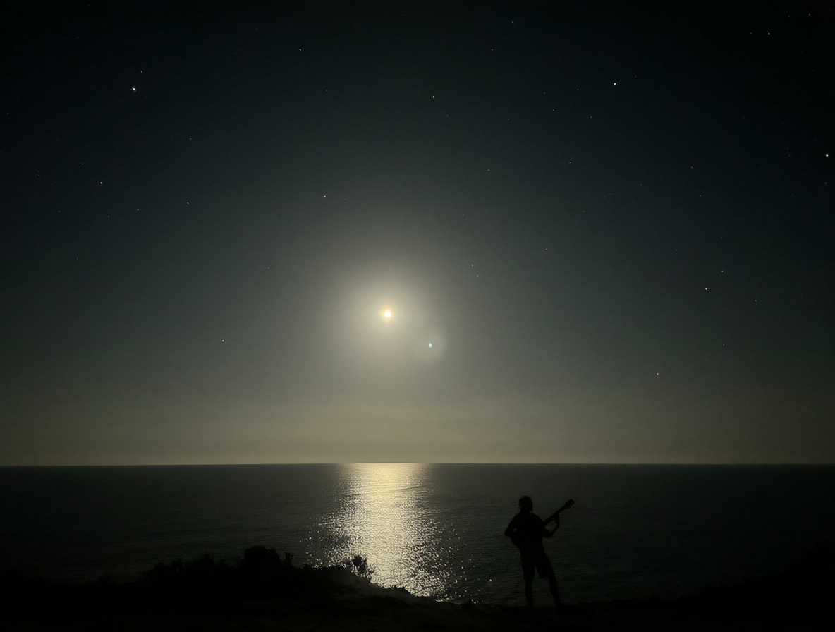 Vista nocturna del mar con una luna brillante y una silueta de músico tocando la guitarra en la orilla.