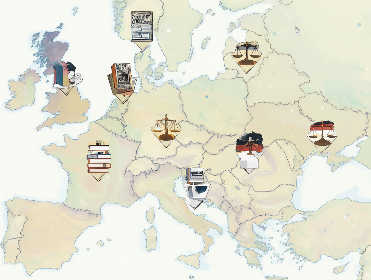 Mapa conceptual de Europa mostrando Francia, España y otros países europeos con iconos relacionados a libros, carteles y balanzas judiciales.