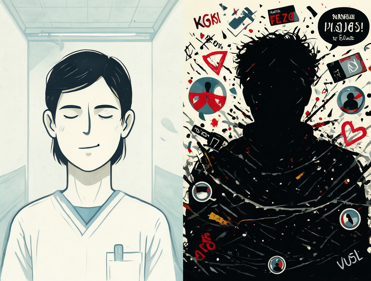 Split illustration showing the original clinical definition of incel versus its modern derogatory perception.