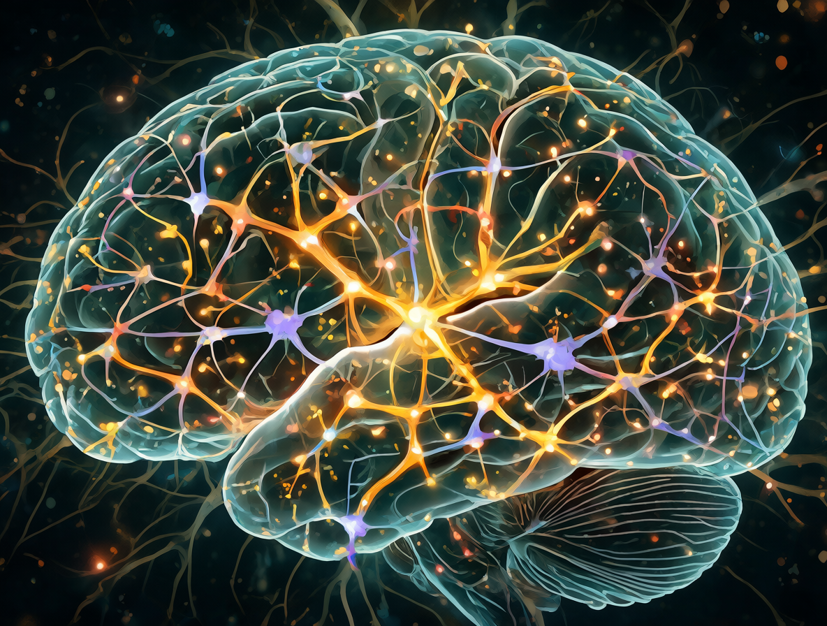 Ilustración detallada de un cerebro humano brillante mostrando redes neuronales complejas