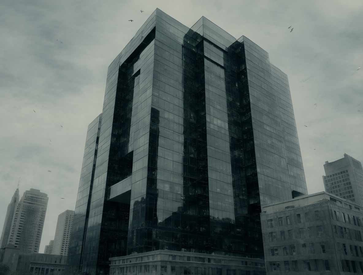 Ilustración digital de una rascacielos de cristal oscuro representando un conglomerado mediático masivo, aislado bajo un cielo gris y nublado que simboliza la opacidad.