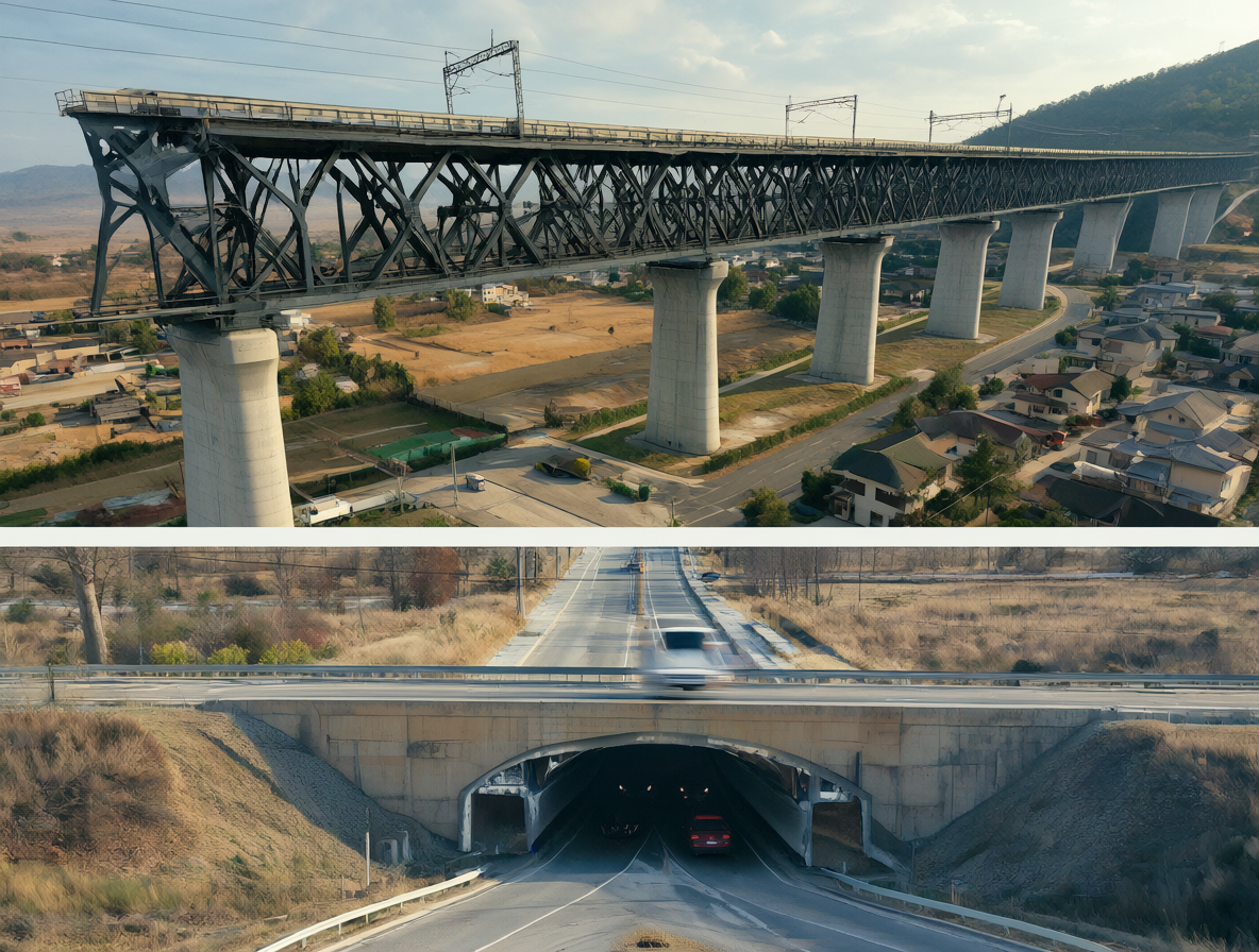 Diagrama comparativo que muestra la diferencia de escala entre un viaducto elevado para trenes y un túnel subterráneo para el tráfico vial, resaltando los materiales de construcción en ambos proyectos.