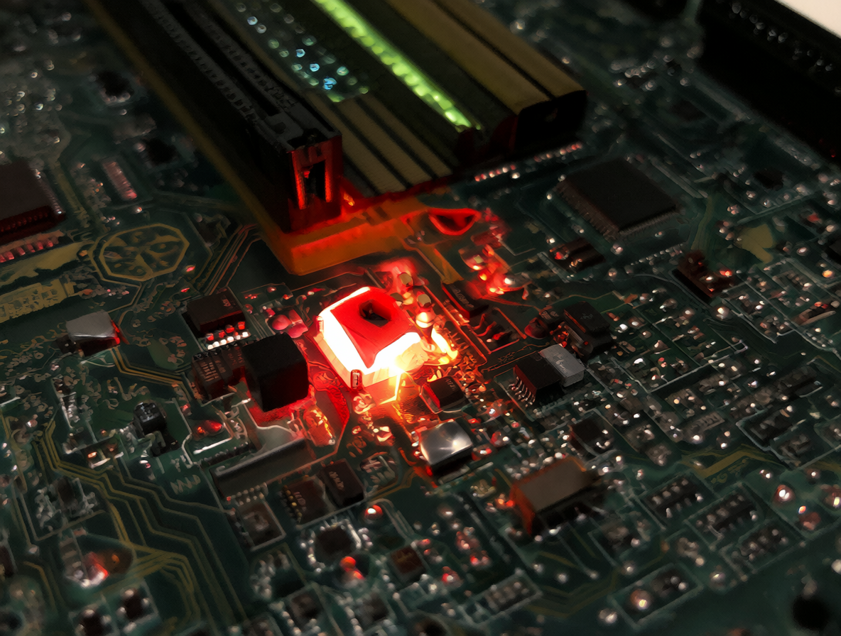 Diagrama técnico mostrando una placa base con el área de iluminación y el fusible roto destacados.