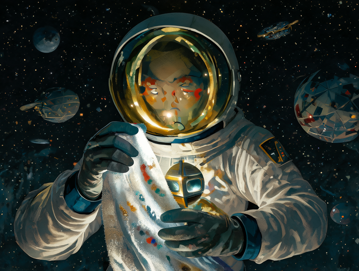 Personaje en espacio sosteniendo una toalla