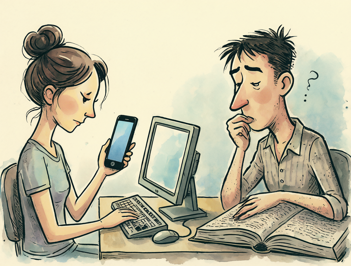 Ilustración contrastante mostrando a personas usando tecnología versus lidiando con la complejidad del entorno, representando la diferencia entre inteligencia general y competencia funcional.