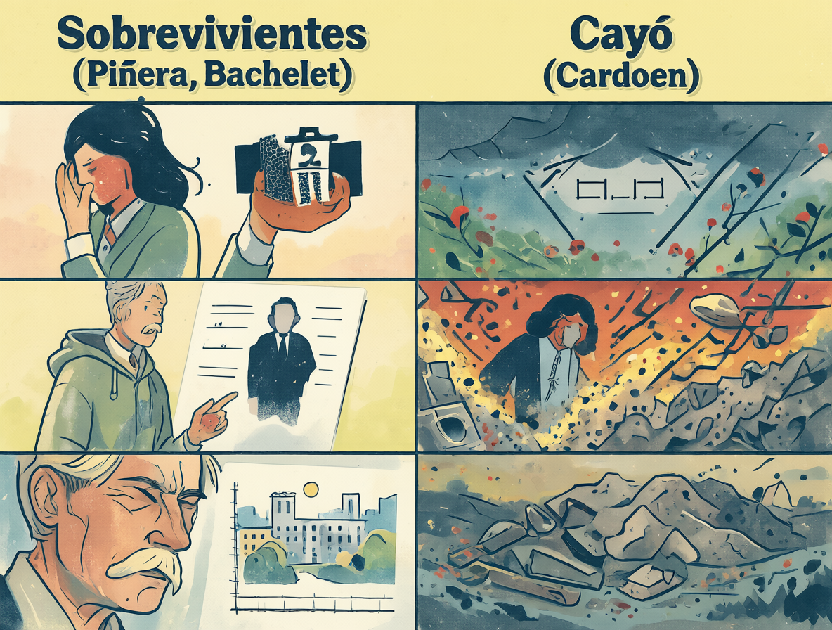 Comparación visual entre políticos que lograron sobrevivir a sus polémicas y los que sufrieron una caída irreversible en su reputación pública.