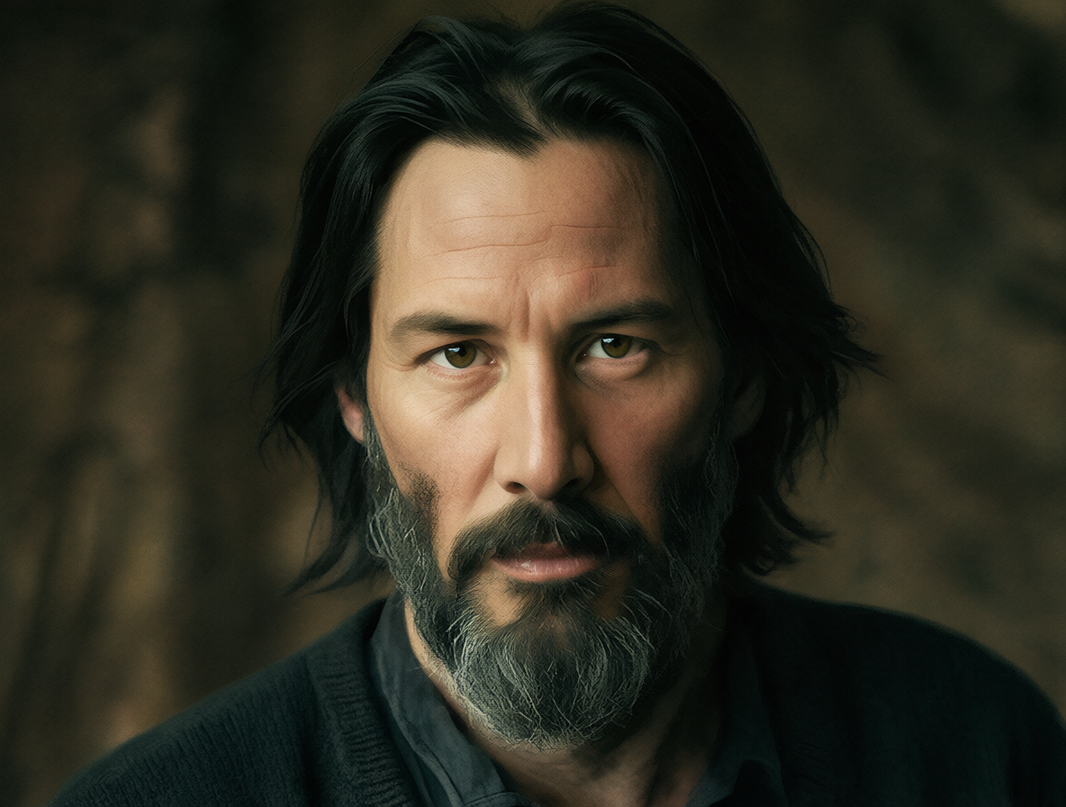 Retrato detallado del actor Keanu Reeves mostrando su magnetismo y atractivo maduro.