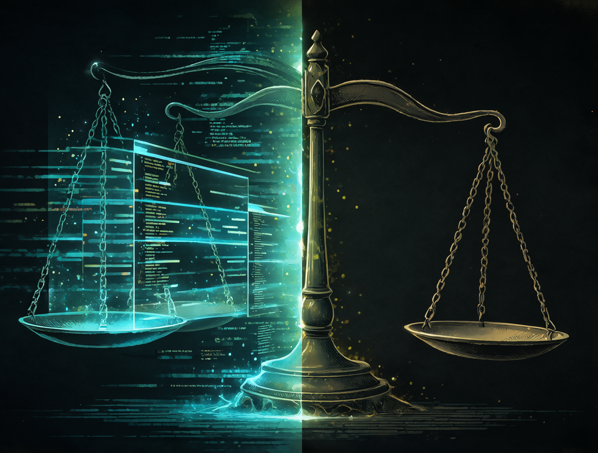 Ilustración dividida mostrando código optimizado a un lado y una balanza judicial inestable al otro, simbolizando la zona gris legal de la IA en software.