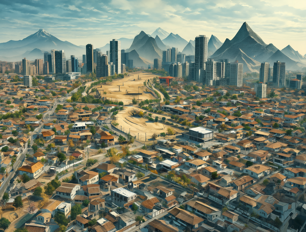 Ilustración de desarrollo urbano chileno con viviendas y paisaje