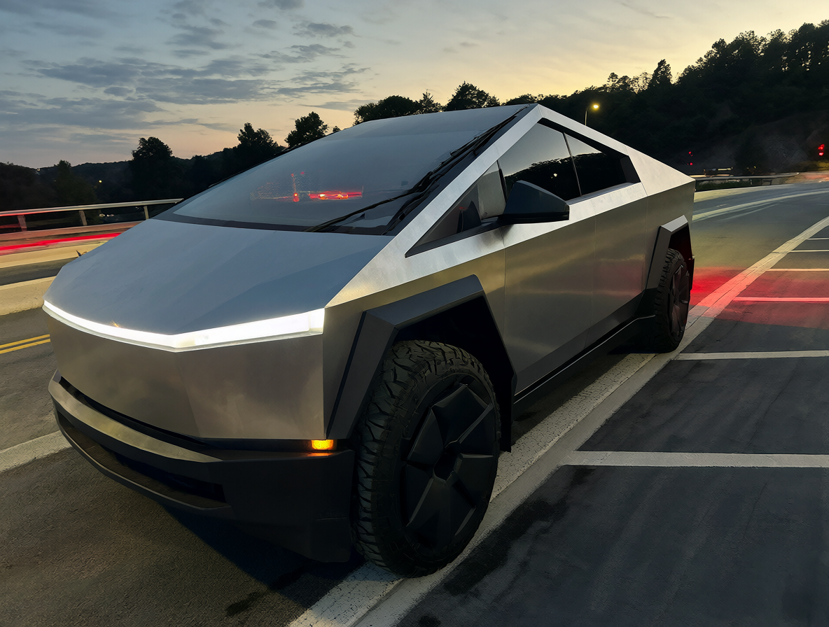 Un Tesla Cybertruck futurista bajo la luz del atardecer.