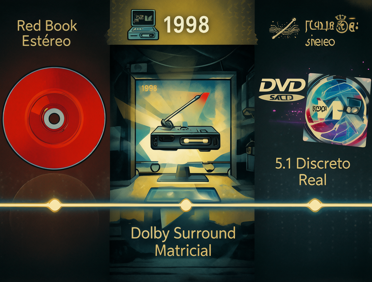 Diagrama técnico mostrando la evolución del audio en formatos de disco desde 1998 hasta 1999.