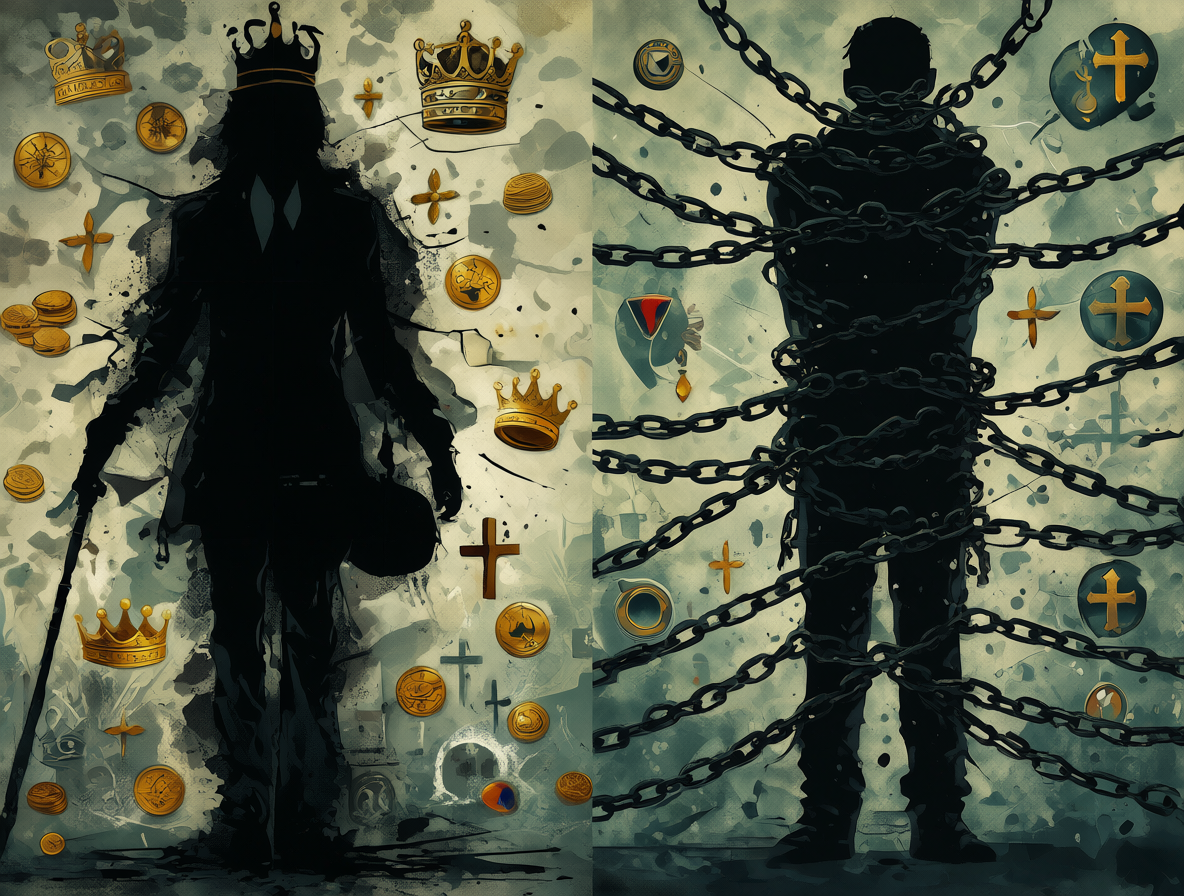 A split composition illustrating collective versus individual moral guilt in political psychology, with symbols of privilege on one side and strict religious or behavioral codes on the other.