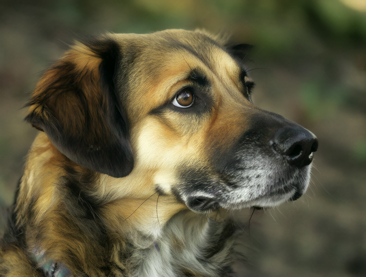 Retrato cercano de un perro mirando de reojo con la cabeza recta