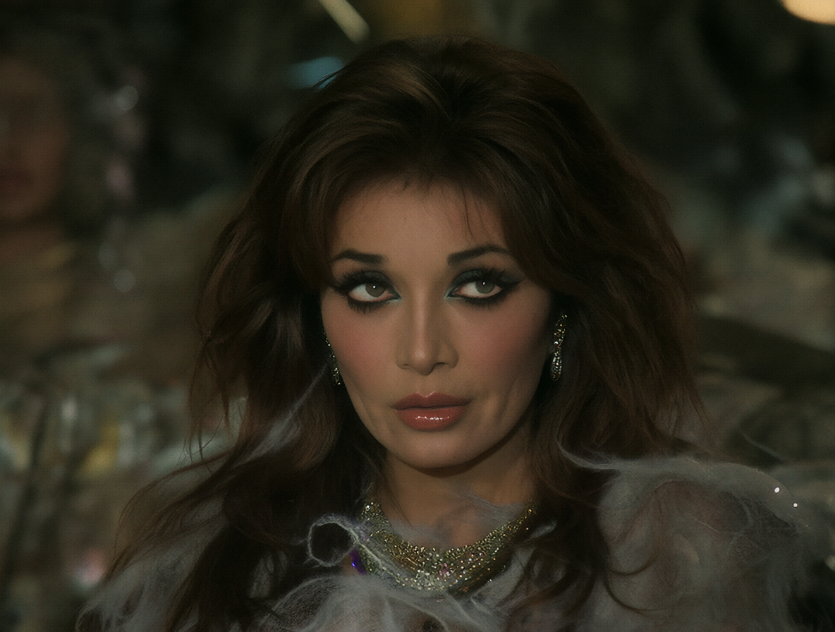 Retrato de Joan Collins con un aura de seducción y elegancia clásica, representando su faceta de sex symbol en el cine.
