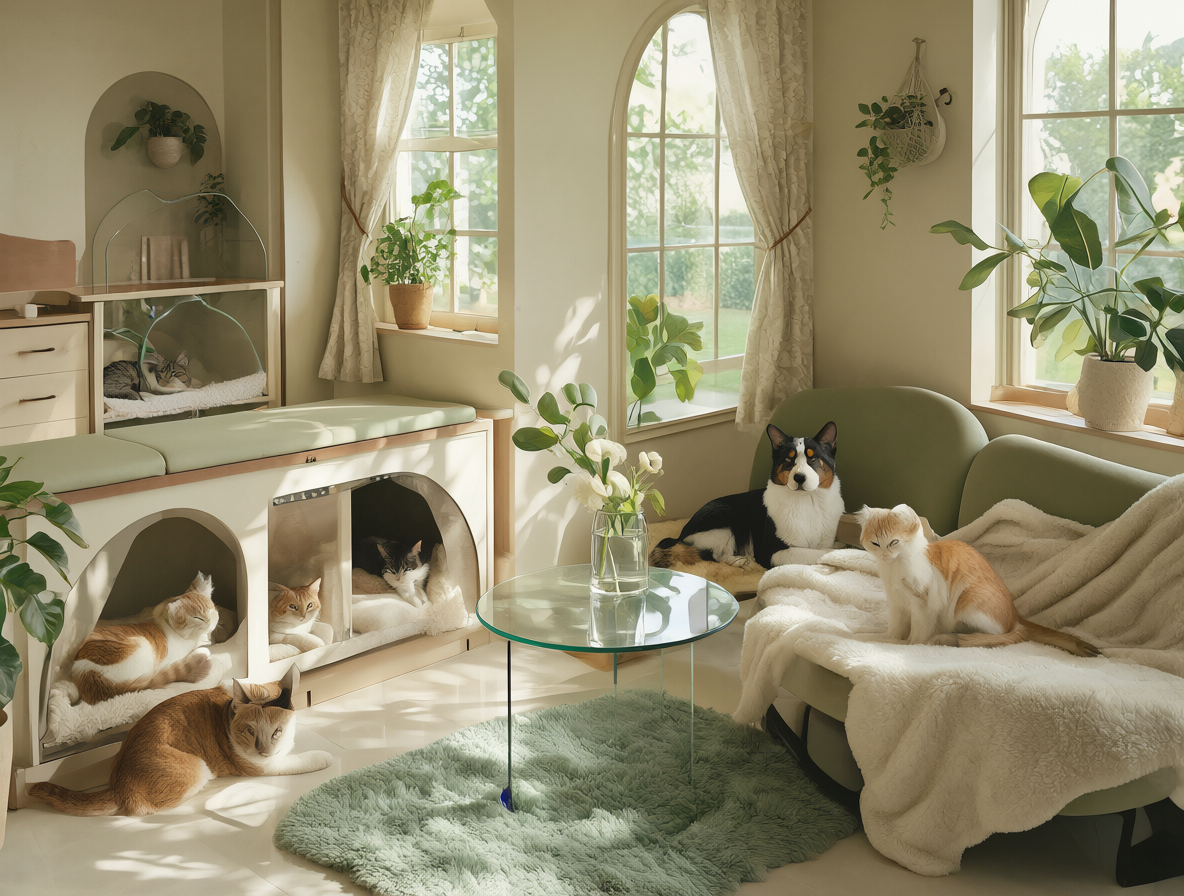 A serene veterinary waiting room designed exclusively for cats with soft lighting and separate zones.